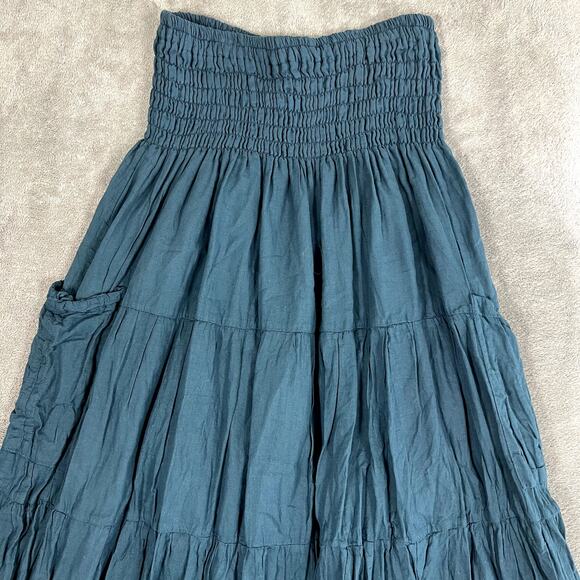 Cotton Flower Tiered Maxi Skirt Women's S Teal Stretch Boho Peasant Hippie - Picture 2 of 8